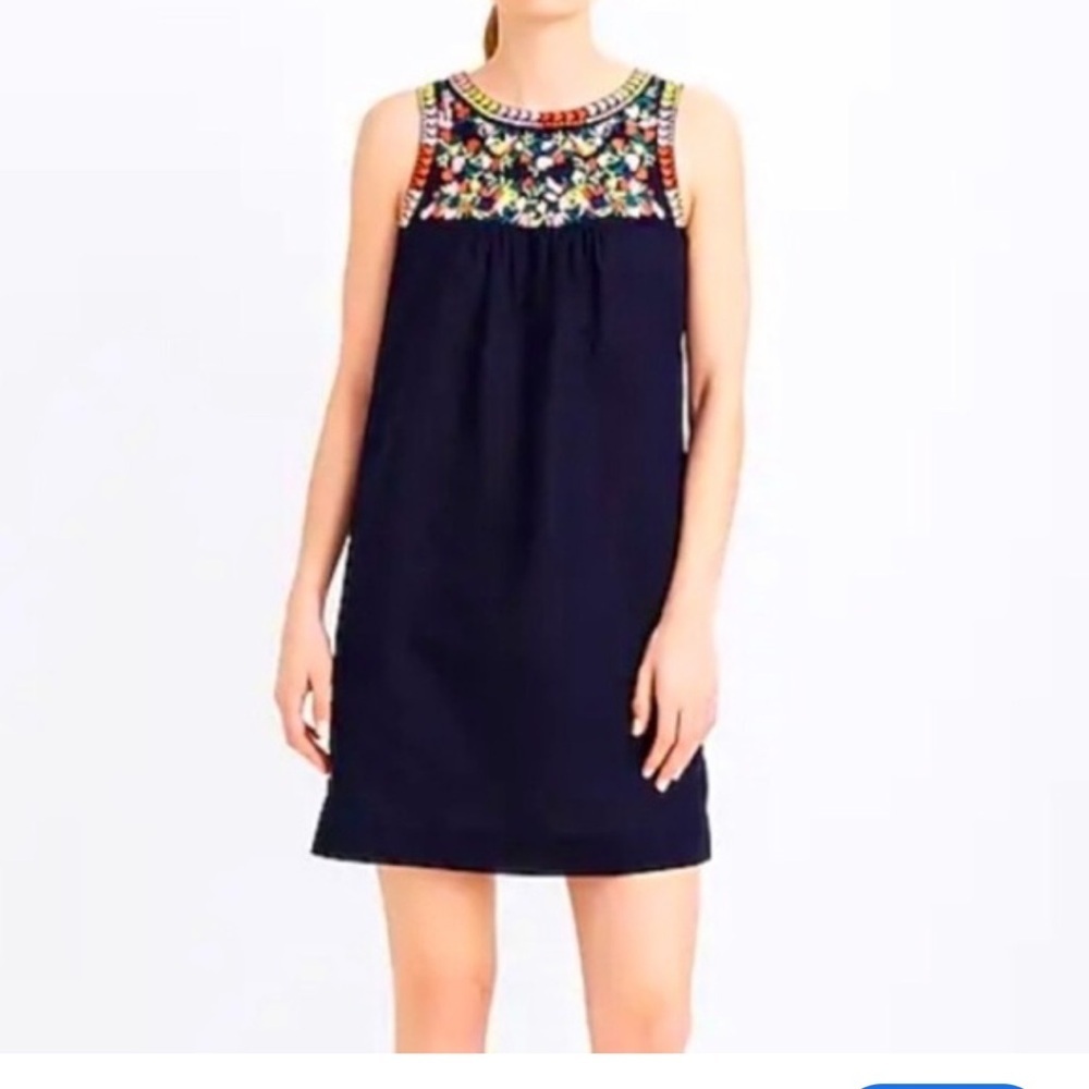 J Crew Shift Mini Dress Embroidered Floral Boho Cottagecore Preppy Size 6 Linen